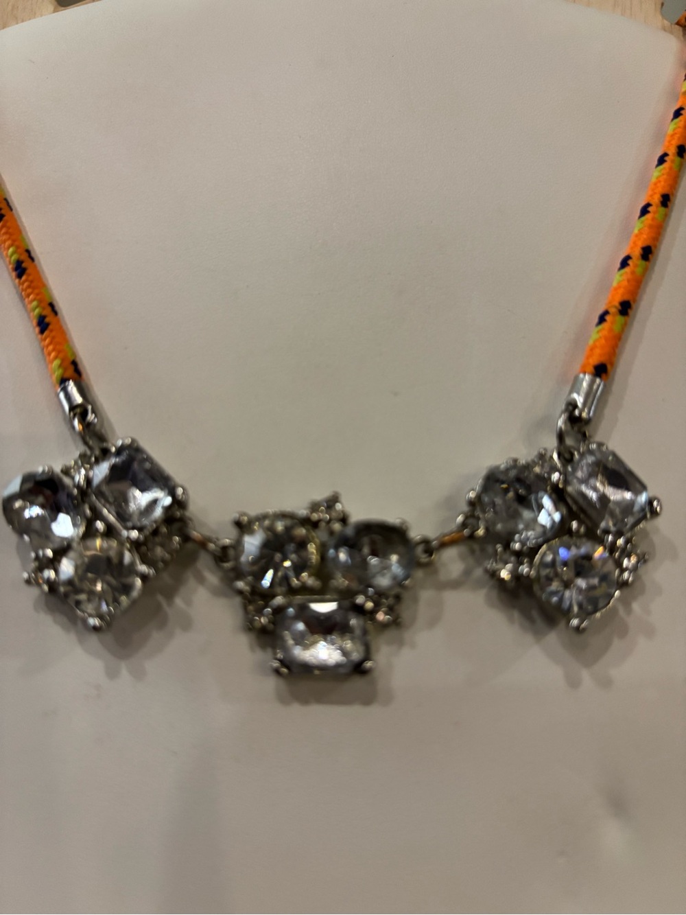 Fun Crystal Cluster Statement Necklace - Silver with Orange Cord